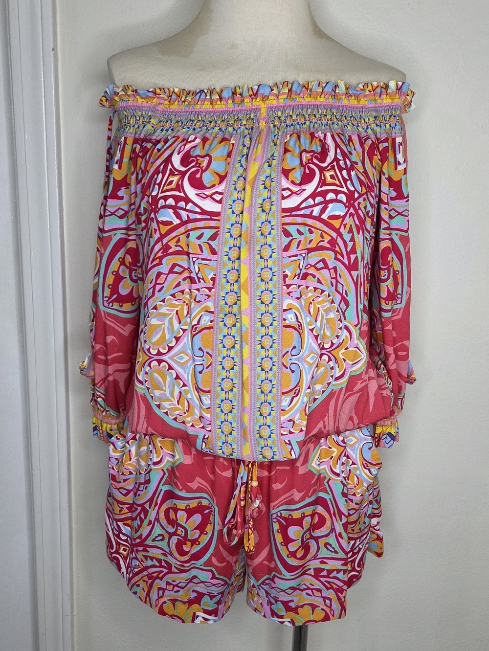 Hale Bob Off-Shoulder Pink Printed Romper XS